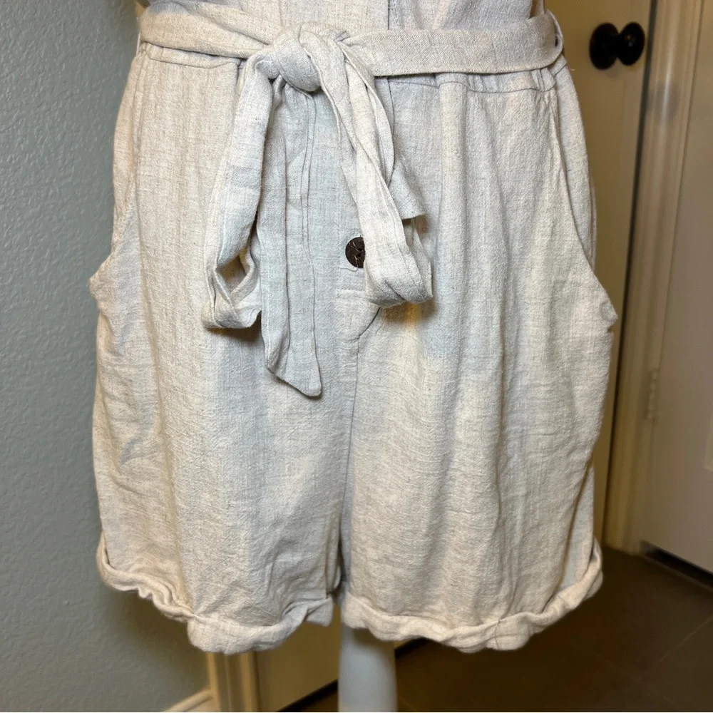 Women’s‎ Beige Linen Sleeveless Romper with Button Accents Tie Waist Size Large - Picture 8 of 14